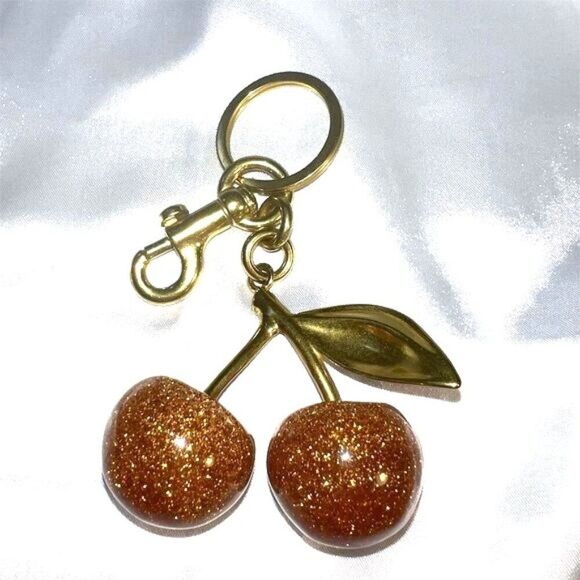 Cherry Charm Keychain Gold Glitter Resin Unisex Fashion Accessory - Picture 2 of 4